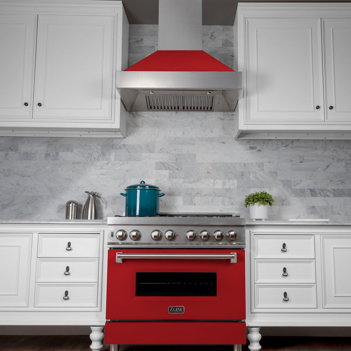 ZLINE 36 in. 4.6 cu. ft. Legacy Dual Fuel Range with 6 Burner Gas Cooktop and Electric Convection Oven in Satin Stainless Steel and Red Matte Door (RAS-RM-36)