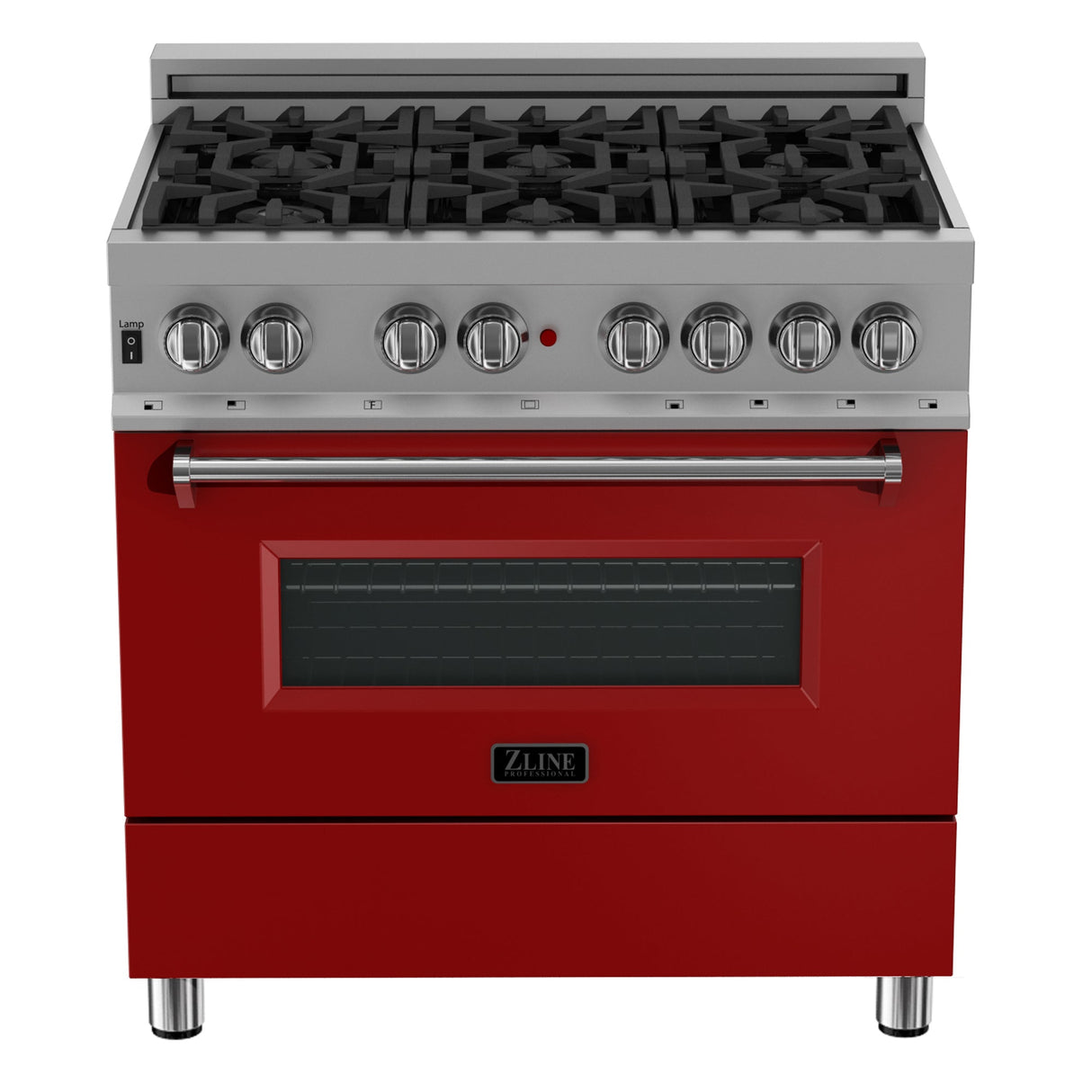 ZLINE 36 in. 4.6 cu. ft. Legacy Dual Fuel Range with 6 Burner Gas Cooktop and Electric Convection Oven in Satin Stainless Steel and Red Matte Door (RAS-RM-36)