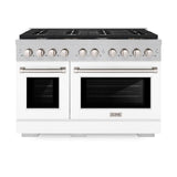 ZLINE 48 in. 6.7 cu. ft. Paramount Double Oven Dual Fuel Range with 8 Burner Gas Cooktop in Satin Stainless Steel with White Matte Doors (SDRS-WM-48)