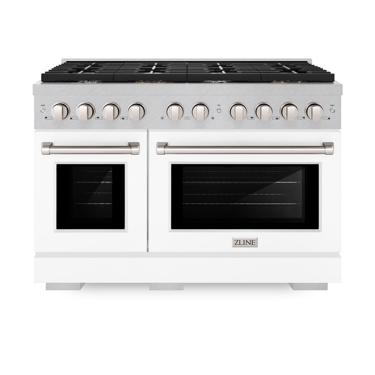ZLINE 48 in. 6.7 cu. ft. Paramount Double Oven Gas Range with 8 Burner Cooktop in Satin Stainless Steel with White Matte Doors (SGRS-WM-48)