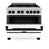 ZLINE Autograph Edition 36 in. 4.6 cu. ft. Legacy Dual Fuel Range with 6 Burner Gas Cooktop and Electric Convection Oven in Stainless Steel with White Matte Door and Matte Black Accents (RAZ-WM-36-MB)