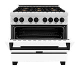 ZLINE Autograph Edition 36 in. Kitchen Package with Stainless Steel Dual Fuel Range with White Matte Door and Range Hood with Matte Black Accents (2AKP-RAWMRH36-MB)