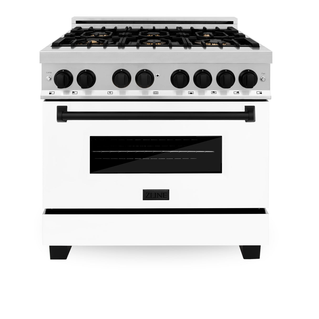 ZLINE Autograph Edition 36 in. 4.6 cu. ft. Legacy Dual Fuel Range with 6 Burner Gas Cooktop and Electric Convection Oven in Stainless Steel with White Matte Door and Matte Black Accents (RAZ-WM-36-MB)