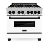 ZLINE Autograph Edition 36 in. 4.6 cu. ft. Legacy Dual Fuel Range with 6 Burner Gas Cooktop and Electric Convection Oven in Stainless Steel with White Matte Door and Matte Black Accents (RAZ-WM-36-MB)