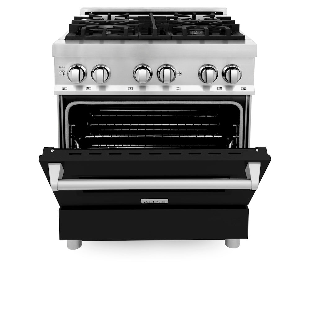ZLINE 30 in. 4.0 cu. ft. Legacy Dual Fuel Range with 4 Burner Gas Cooktop and Electric Convection Oven in Stainless Steel and Black Matte Door (RA-BLM-30)