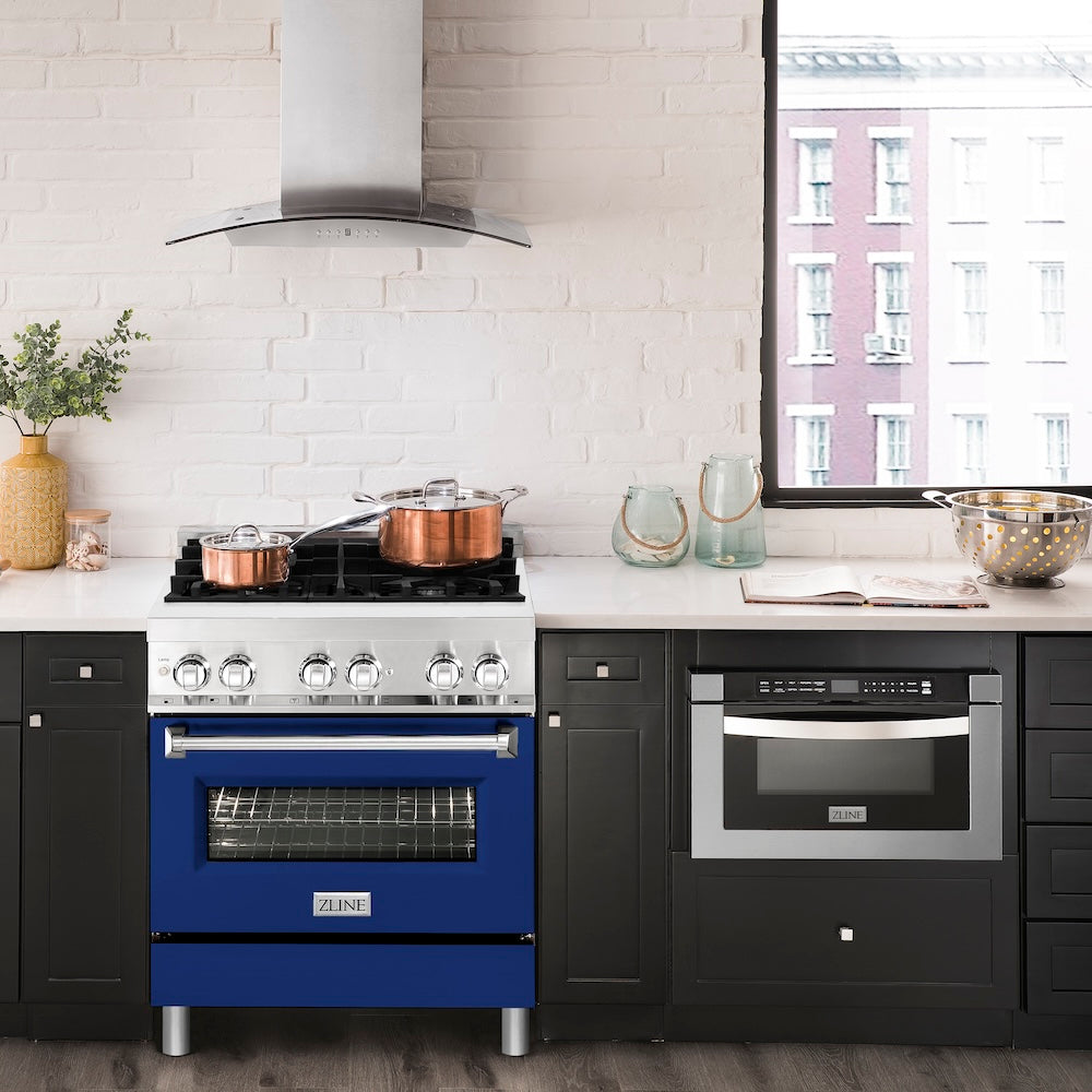 ZLINE 30 in. 4.0 cu. ft. Legacy Dual Fuel Range with 4 Burner Gas Cooktop and Electric Convection Oven in Stainless Steel and Blue Matte Door (RA-BM-30)
