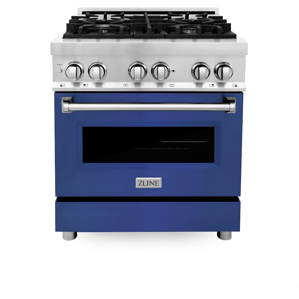 ZLINE 30 in. 4.0 cu. ft. Legacy Dual Fuel Range with 4 Burner Gas Cooktop and Electric Convection Oven in Stainless Steel and Blue Matte Door (RA-BM-30)