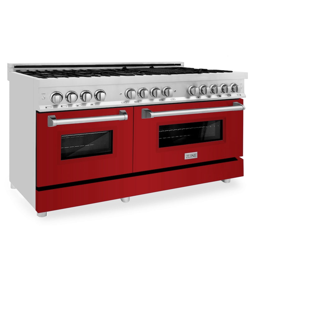 ZLINE 60 in. 7.4 cu. ft. Legacy Dual Fuel Range with 9 Burner Gas Cooktop and 2 Electric Convection Ovens in Stainless Steel and Red Gloss Doors (RA-RG-60)