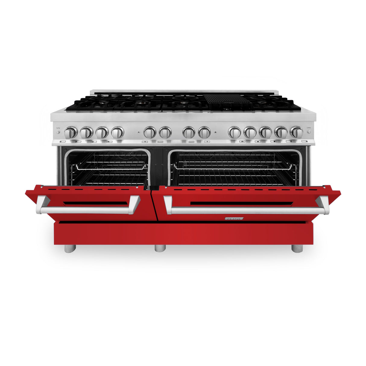 ZLINE 60 in. 7.4 cu. ft. Legacy Dual Fuel Range with 9 Burner Gas Cooktop and 2 Electric Convection Ovens in Stainless Steel and Red Matte Doors (RA-RM-60)