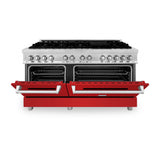ZLINE 60 in. 7.4 cu. ft. Legacy Dual Fuel Range with 9 Burner Gas Cooktop and 2 Electric Convection Ovens in Stainless Steel and Red Matte Doors (RA-RM-60)