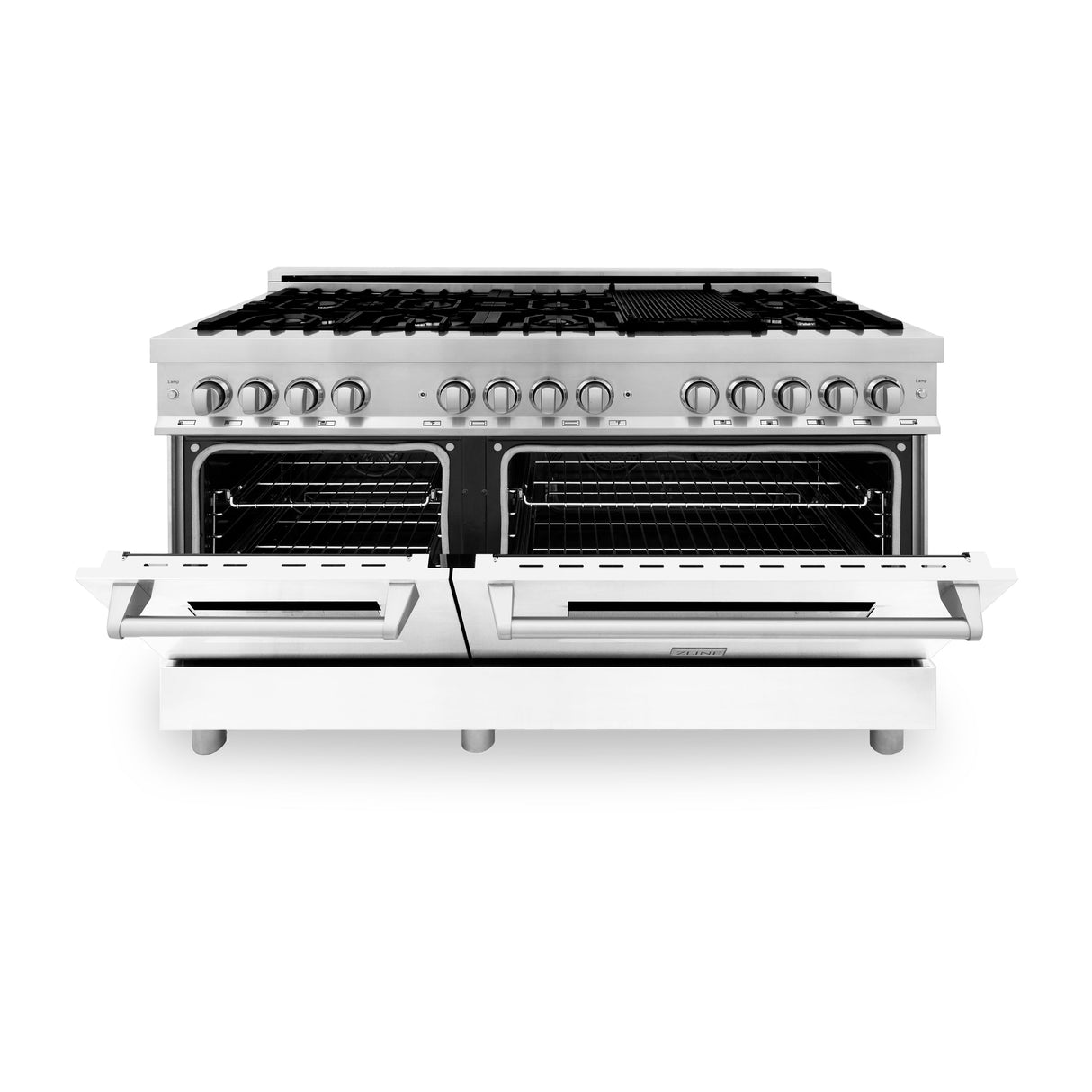 ZLINE 60 in. 7.4 cu. ft. Legacy Dual Fuel Range with 9 Burner Gas Cooktop and 2 Electric Convection Ovens in Stainless Steel with Griddle and White Matte Doors (RA-WM-GR-60)