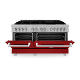 ZLINE 60 in. 7.4 cu. ft. Legacy Dual Fuel Range with 9 Burner Gas Cooktop and 2 Electric Convection Ovens in Satin Stainless Steel and Red Gloss Doors (RAS-RG-60)