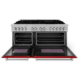 ZLINE 60 in. 7.4 cu. ft. Legacy Dual Fuel Range with 9 Burner Gas Cooktop and 2 Electric Convection Ovens in Satin Stainless Steel and Red Gloss Doors (RAS-RG-60)