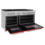 ZLINE 60 in. 7.4 cu. ft. Legacy Dual Fuel Range with 9 Burner Gas Cooktop and 2 Electric Convection Ovens in Satin Stainless Steel and Red Gloss Doors (RAS-RG-60)