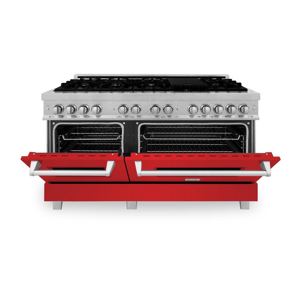 ZLINE 60 in. 7.4 cu. ft. Legacy Dual Fuel Range with 9 Burner Gas Cooktop and 2 Electric Convection Ovens in Satin Stainless Steel and Red Matte Doors (RAS-RM-60)