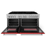 ZLINE 60 in. 7.4 cu. ft. Legacy Dual Fuel Range with 9 Burner Gas Cooktop and 2 Electric Convection Ovens in Satin Stainless Steel and Red Matte Doors (RAS-RM-60)