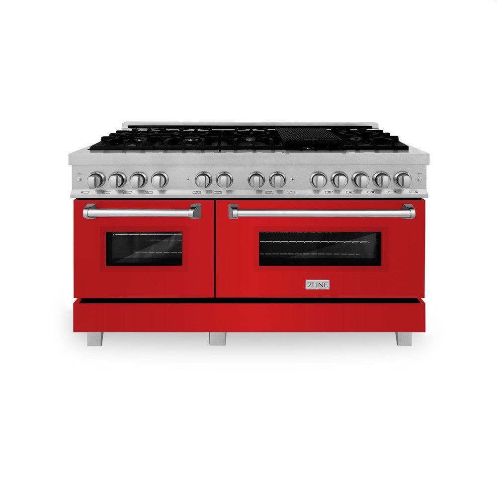 ZLINE 60 in. 7.4 cu. ft. Legacy Dual Fuel Range with 9 Burner Gas Cooktop and 2 Electric Convection Ovens in Satin Stainless Steel and Red Matte Doors (RAS-RM-60)