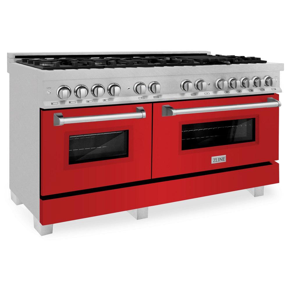 ZLINE 60 in. 7.4 cu. ft. Legacy Dual Fuel Range with 9 Burner Gas Cooktop and 2 Electric Convection Ovens in Satin Stainless Steel and Red Matte Doors (RAS-RM-60)