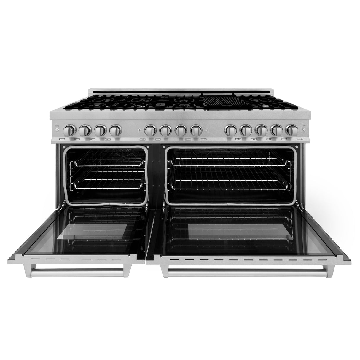 ZLINE 60 in. 7.4 cu. ft. Legacy Dual Fuel Range with 9 Burner Gas Cooktop and 2 Electric Convection Ovens in Satin Stainless Steel with Griddle (RAS-SN-GR-60)