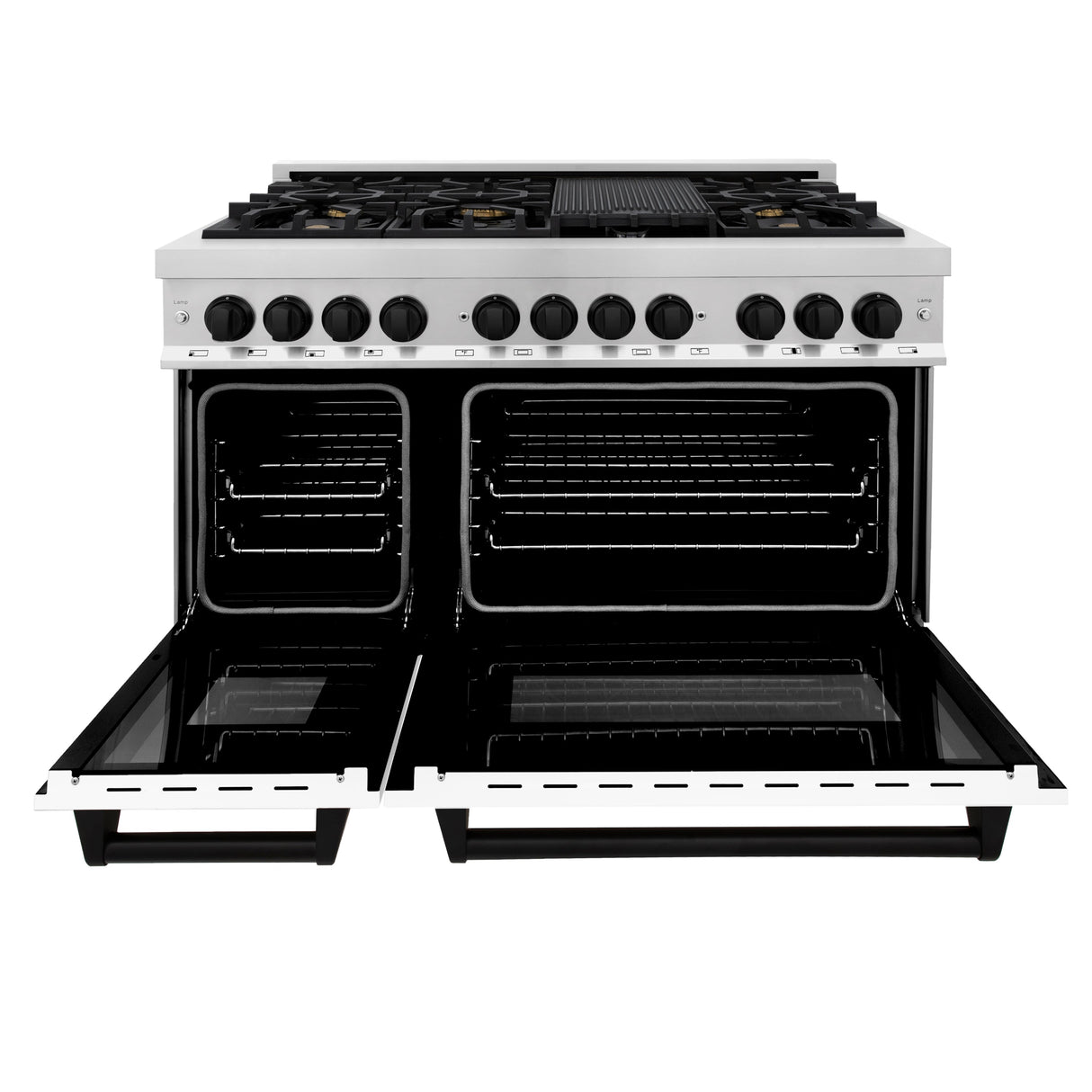 ZLINE Autograph Edition 48 in. 6.0 cu. ft. Legacy Dual Fuel Range with 7 Burner Gas Cooktop and 2 Electric Ovens in Stainless Steel with White Matte Doors and Matte Black Accents (RAZ-WM-48-MB)