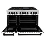 ZLINE Autograph Edition 48 in. 6.0 cu. ft. Legacy Dual Fuel Range with 7 Burner Gas Cooktop and 2 Electric Ovens in Stainless Steel with White Matte Doors and Matte Black Accents (RAZ-WM-48-MB)
