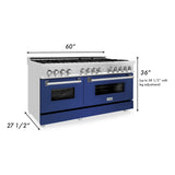 ZLINE 60 in. 7.4 cu. ft. Legacy Dual Fuel Range with 9 Burner Gas Cooktop and 2 Electric Convection Ovens in Stainless Steel and Blue Matte Doors (RA-BM-60)