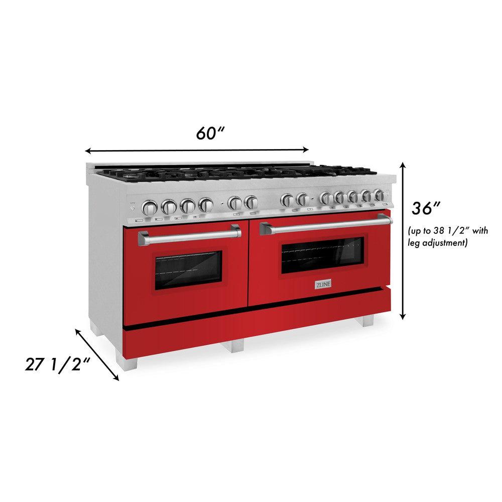 ZLINE 60 in. 7.4 cu. ft. Legacy Dual Fuel Range with 9 Burner Gas Cooktop and 2 Electric Convection Ovens in Satin Stainless Steel and Red Matte Doors (RAS-RM-60)