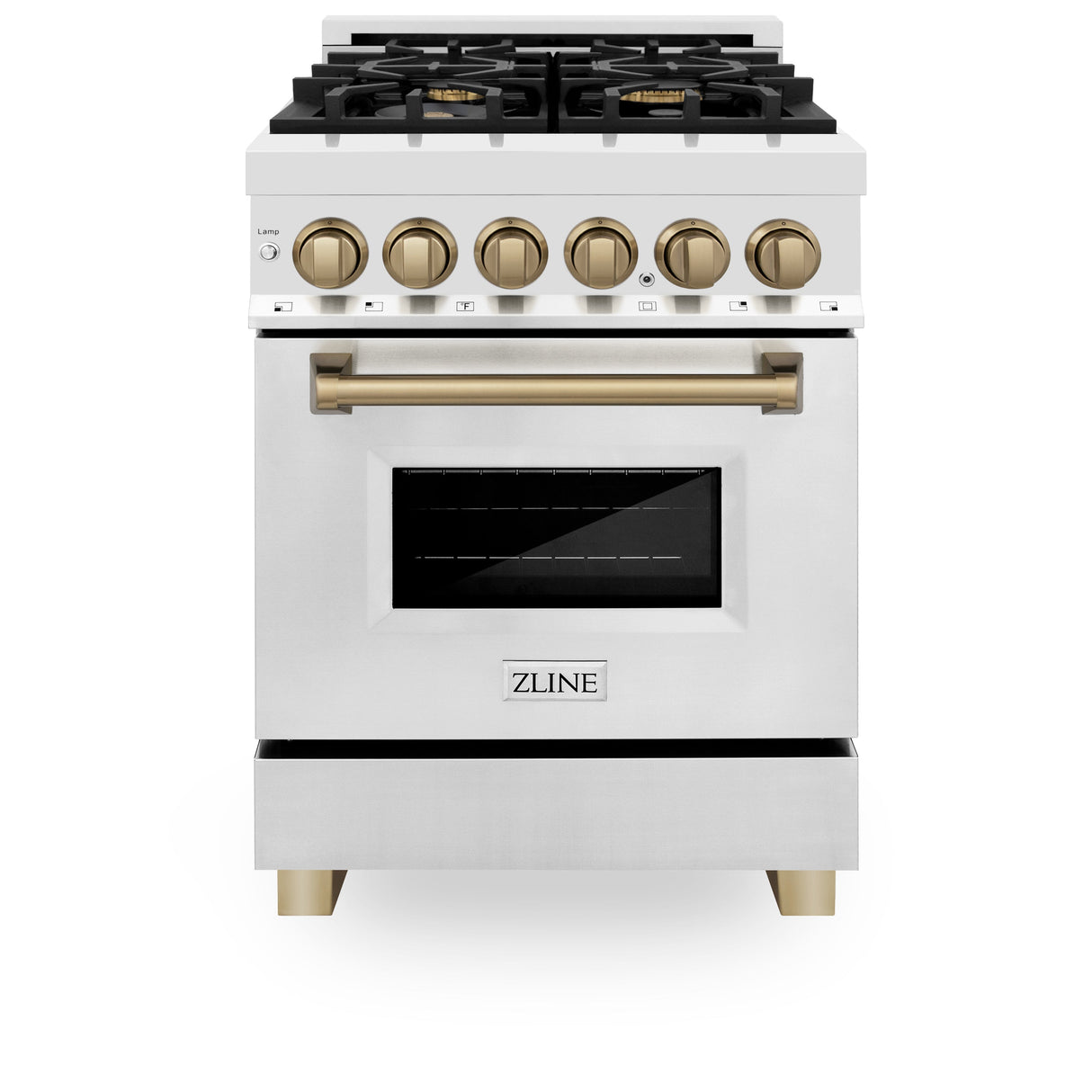 ZLINE Autograph Edition 24 in. 2.8 cu. ft. Legacy Dual Fuel Range with 4 Burner Gas Cooktop and Electric Convection Oven in Stainless Steel and Champagne Bronze Accents (RAZ-24-CB)