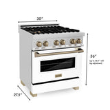 ZLINE Autograph Edition 30 in. Kitchen Package with Stainless Steel Dual Fuel Range with White Matte Door, Range Hood and Dishwasher with Champagne Bronze Accents (3AKP-RAWMRHDWM30-CB)