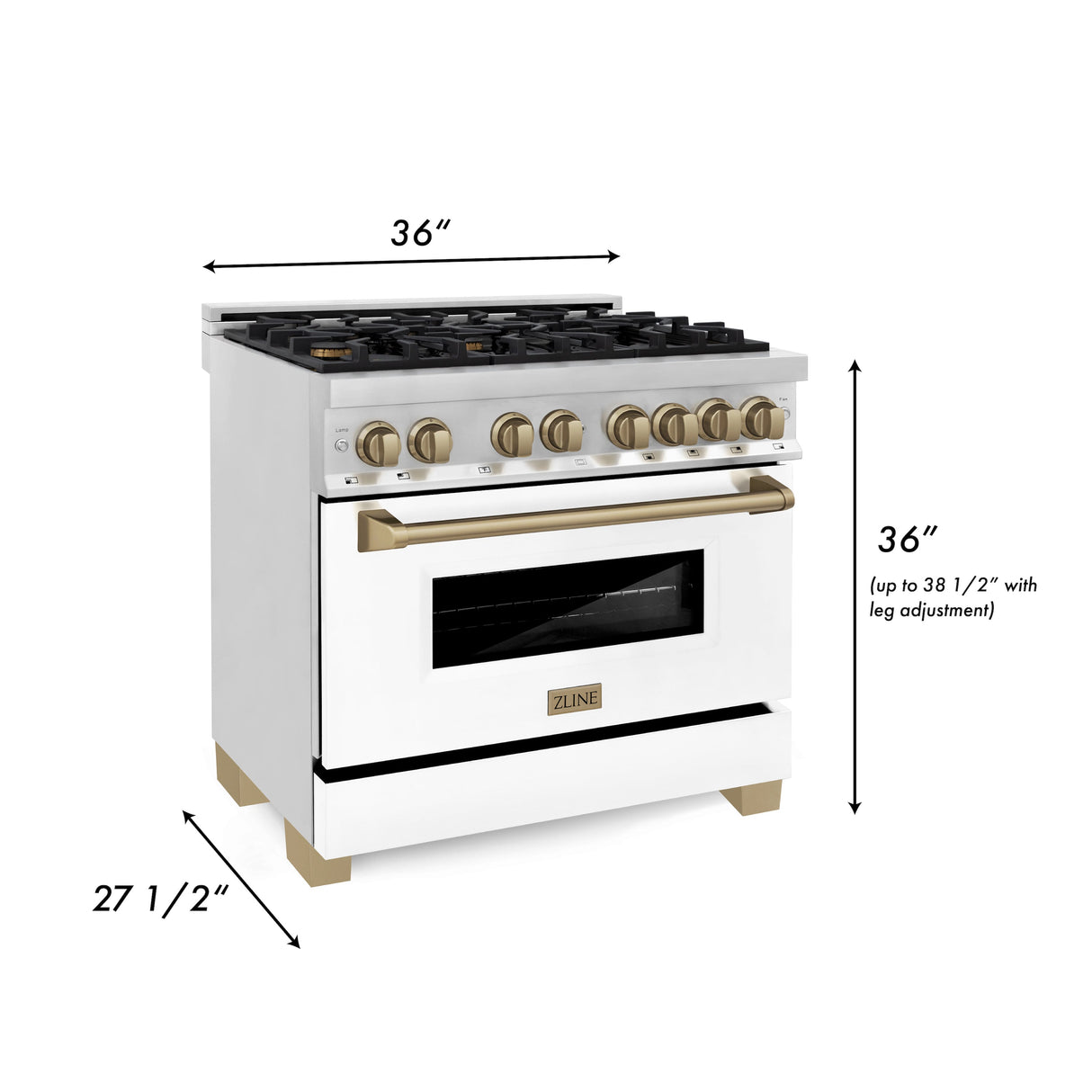 ZLINE Autograph Edition 36 in. Kitchen Package with Stainless Steel Dual Fuel Range with White Matte Door and Range Hood with Champagne Bronze Accents (2AKP-RAWMRH36-CB)