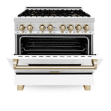 ZLINE Autograph Edition 36 in. 4.6 cu. ft. Legacy Dual Fuel Range with 6 Burner Gas Cooktop and Electric Convection Oven in Stainless Steel with White Matte Door and Polished Gold Accents (RAZ-WM-36-G)