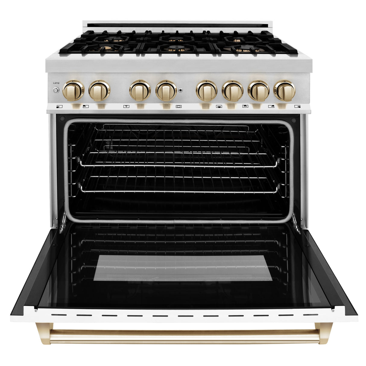 ZLINE Autograph Edition 36 in. 4.6 cu. ft. Legacy Dual Fuel Range with 6 Burner Gas Cooktop and Electric Convection Oven in Stainless Steel with White Matte Door and Polished Gold Accents (RAZ-WM-36-G)