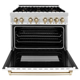 ZLINE Autograph Edition 36 in. 4.6 cu. ft. Legacy Dual Fuel Range with 6 Burner Gas Cooktop and Electric Convection Oven in Stainless Steel with White Matte Door and Polished Gold Accents (RAZ-WM-36-G)