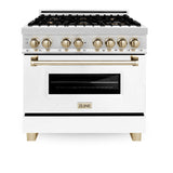 ZLINE Autograph Edition 36 in. 4.6 cu. ft. Legacy Dual Fuel Range with 6 Burner Gas Cooktop and Electric Convection Oven in Stainless Steel with White Matte Door and Polished Gold Accents (RAZ-WM-36-G)