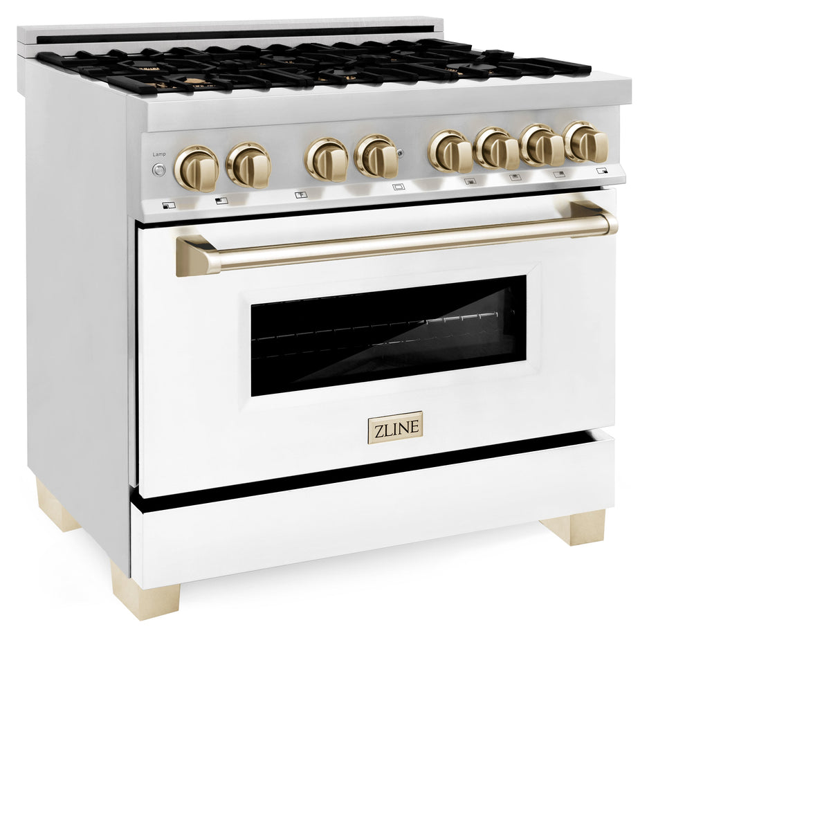ZLINE Autograph Edition 36 in. 4.6 cu. ft. Legacy Dual Fuel Range with 6 Burner Gas Cooktop and Electric Convection Oven in Stainless Steel with White Matte Door and Polished Gold Accents (RAZ-WM-36-G)