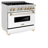 ZLINE Autograph Edition 36 in. 4.6 cu. ft. Legacy Dual Fuel Range with 6 Burner Gas Cooktop and Electric Convection Oven in Stainless Steel with White Matte Door and Polished Gold Accents (RAZ-WM-36-G)