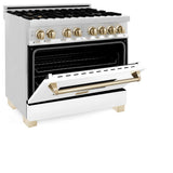 ZLINE Autograph Edition 36 in. 4.6 cu. ft. Legacy Dual Fuel Range with 6 Burner Gas Cooktop and Electric Convection Oven in Stainless Steel with White Matte Door and Polished Gold Accents (RAZ-WM-36-G)