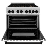 ZLINE Autograph Edition 36 in. 4.6 cu. ft. Legacy Dual Fuel Range with 6 Burner Gas Cooktop and Electric Convection Oven in Stainless Steel with White Matte Door and Matte Black Accents (RAZ-WM-36-MB)