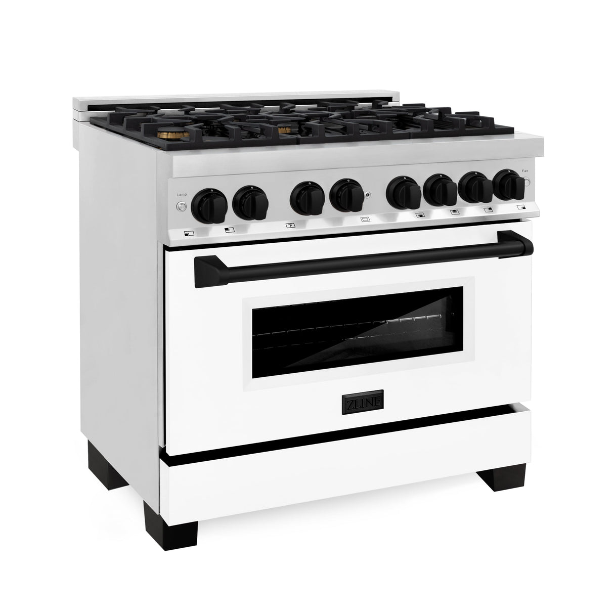 ZLINE Autograph Edition 36 in. Kitchen Package with Stainless Steel Dual Fuel Range with White Matte Door, Range Hood and Dishwasher with Matte Black Accents (3AKP-RAWMRHDWM36-MB)