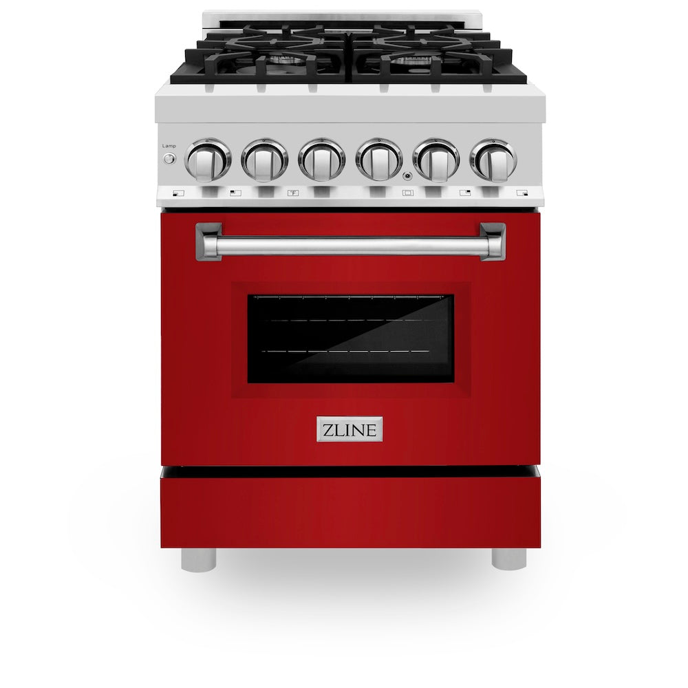 ZLINE 24 in. 2.8 cu. ft. Legacy Dual Fuel Range with 4 Burner Gas Cooktop and Electric Convection Oven in Stainless Steel and Red Gloss Door (RA-RG-24)