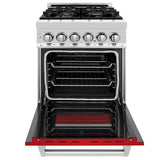 ZLINE 24 in. 2.8 cu. ft. Legacy Dual Fuel Range with 4 Burner Gas Cooktop and Electric Convection Oven in Stainless Steel and Red Matte Door (RA-RM-24)