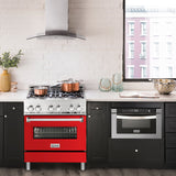ZLINE 30 in. 4.0 cu. ft. Legacy Dual Fuel Range with 4 Burner Gas Cooktop and Electric Convection Oven in Stainless Steel and Red Matte Door (RA-RM-30)