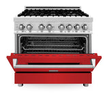 ZLINE 36 in. 4.6 cu. ft. Legacy Dual Fuel Range with 6 Burner Gas Cooktop and Electric Convection Oven in Stainless Steel and Red Matte Door (RA-RM-36)