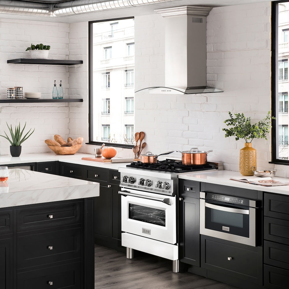 ZLINE 30 in. 4.0 cu. ft. Legacy Dual Fuel Range with 4 Burner Gas Cooktop and Electric Convection Oven in Stainless Steel and White Matte Door (RA-WM-30)