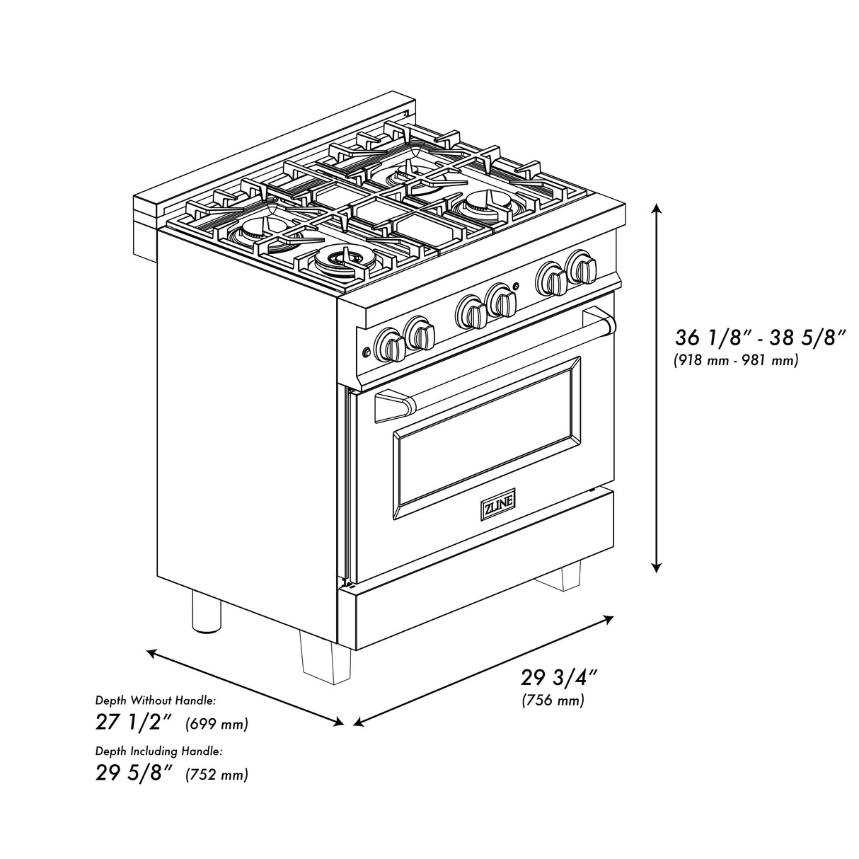 ZLINE 30 in. 4.0 cu. ft. Legacy Dual Fuel Range with 4 Burner Gas Cooktop and Electric Convection Oven in Satin Stainless Steel with Griddle (RAS-SN-GR-30)