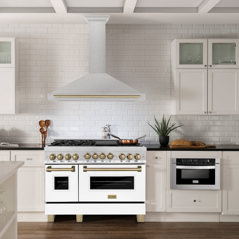 ZLINE 48 in. Autograph Edition Convertible Fingerprint Resistant DuraSnow® Stainless Steel Range Hood with Champagne Bronze Handle (KB4SNZ-48-CB)
