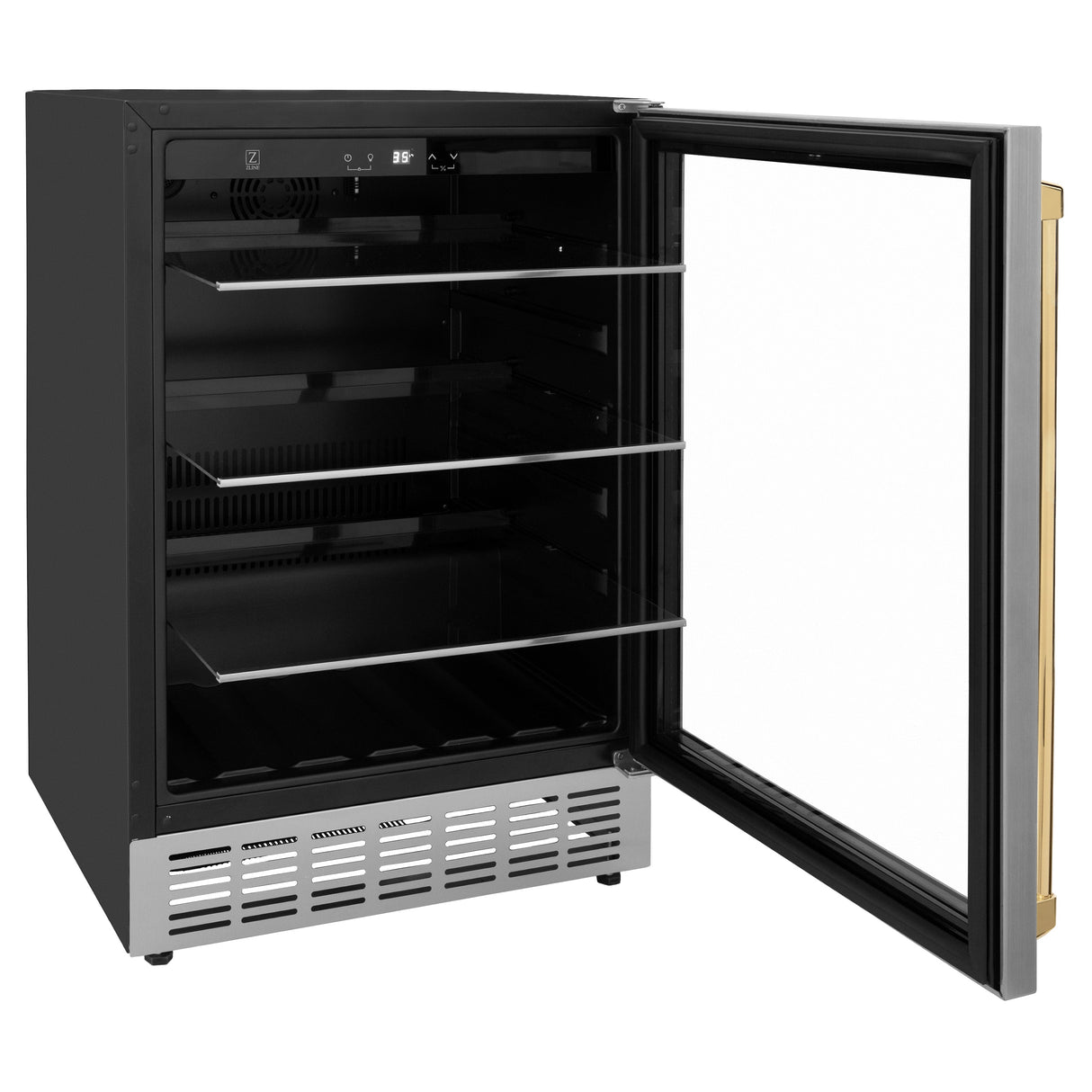 ZLINE 24" Autograph Edition 154 Can Beverage Cooler Fridge with Adjustable Shelves in Stainless Steel with Polished Gold  Accents (RBVZ-US-24-G)
