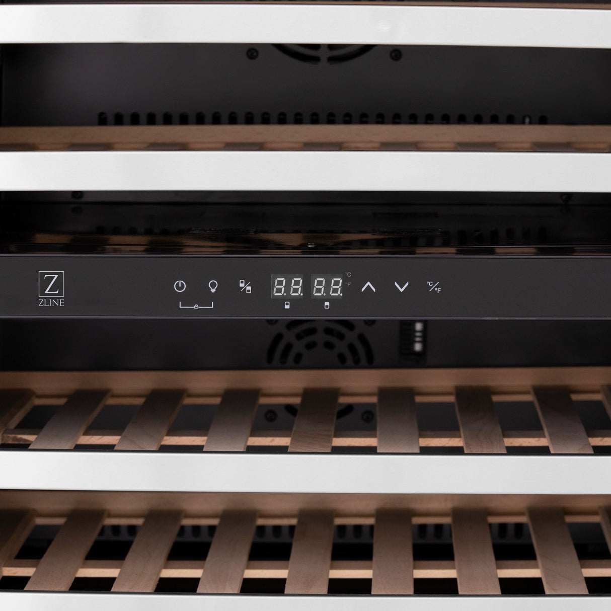 ZLINE 24" Autograph Edition Dual Zone 44-Bottle Wine Cooler in Stainless Steel with Wood Shelf and Polished Gold  Accents (RWVZ-UD-24-G)