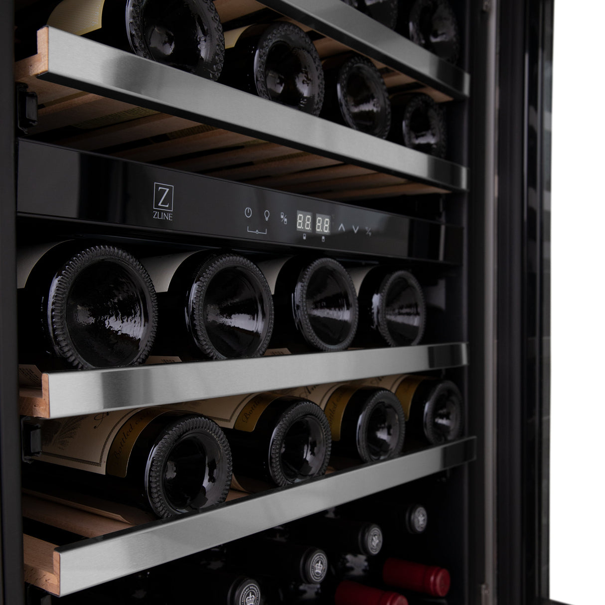 ZLINE 24" Autograph Edition Dual Zone 44-Bottle Wine Cooler in Stainless Steel with Wood Shelf and Polished Gold  Accents (RWVZ-UD-24-G)