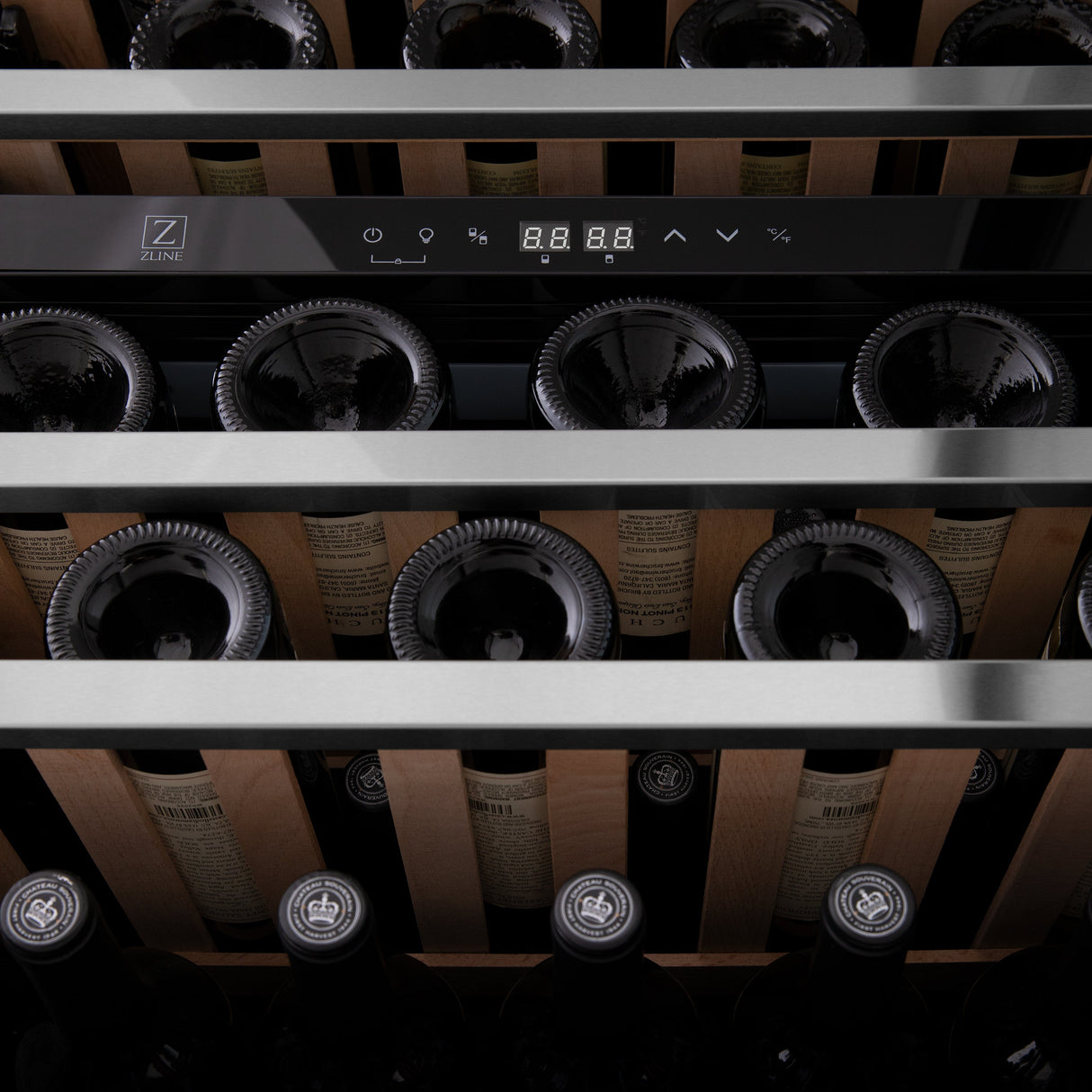 ZLINE 24" Autograph Edition Dual Zone 44-Bottle Wine Cooler in Stainless Steel with Wood Shelf and Polished Gold  Accents (RWVZ-UD-24-G)